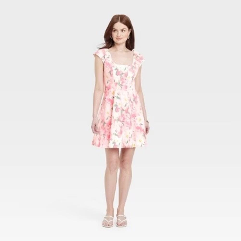 A New Day NWT Women's Corset Woven Mini A-Line Dress Pink Floral Size 14